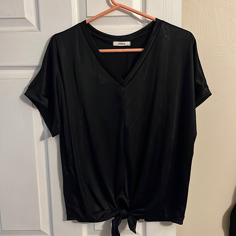 silky black loose fit v neck with tie at front